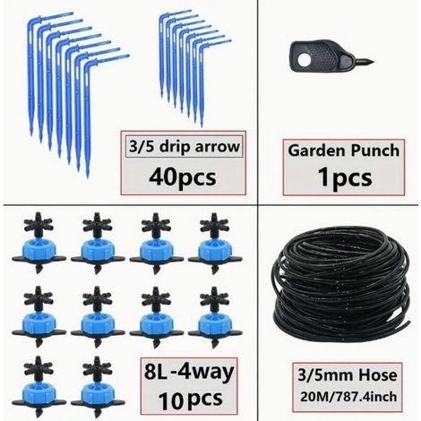 Système d’irrigation goutte à goutte 20 m 8 L – 4 voies, kit d’arrosage micro-goutte pour jardin, serre et plantes