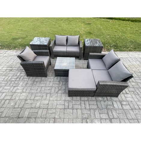 Fimous Outdoor Rattan Garden Furniture Set Conservatory Patio Sofa Coffee Table Set with Chair 2 Side Tables Big Footstool Dark Grey Mixed (1/5)