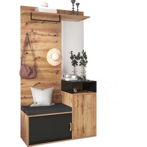 Garde-robe d’entrée murale avec miroir, banc à chaussures, 2 compartiments, 4 crochets et tringle, noir et bois pour organiser votre couloir - CHICFURN (1/5)