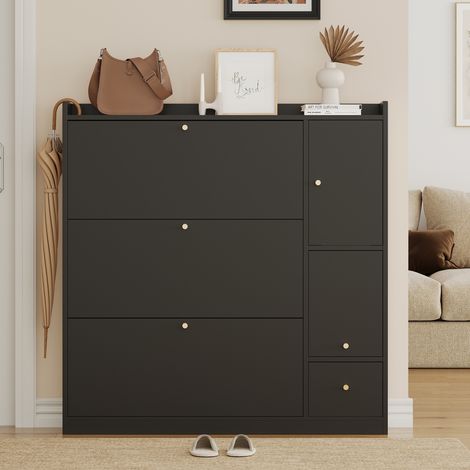 Scarpiera, 119x24x122 cm, mobile portascarpe salvaspazio per ingresso con panca pieghevole, 3 ante a ribalta e 1 cassetto, nero (1/5)