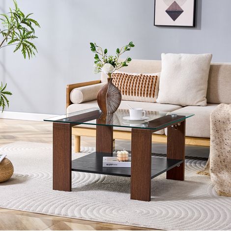 Table basse avec rangement, plateau en verre trempé et structure en bois foncé, 65 x 41 x 45,5 cm, double espace de rangement pour salon et petits espaces - CHICFURN (1/5)