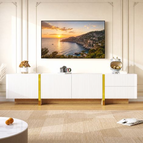 JOOKGBD-Meuble TV Élégant 190×35×45cm, Blanc Doré Effet Bois, 2 Tiroirs 3 Portes Fermeture Douce, Structure Robuste MDF et PB, Grand Rangement Polyvalent pour Salon Moderne (1/5)
