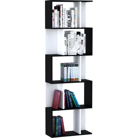 5-tier bookcase, S-shaped storage unit with shelves, storage unit for living room, bedroom or office, 60 x 24 x 184.5 cm, black, white (1/5)