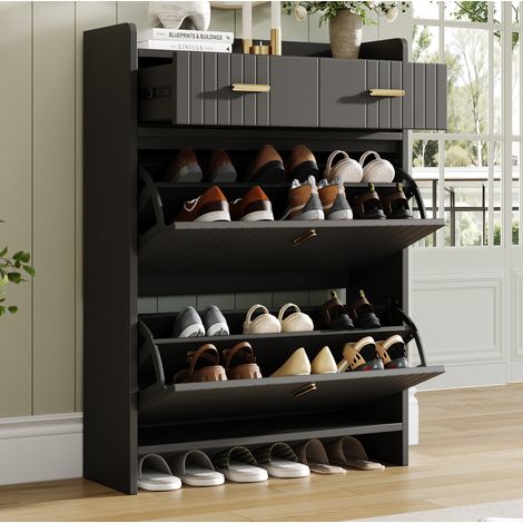 Zapatero con puertas abatibles con 2 compartimentos y 1 cajón, 75x24x108,5 cm, mueble de entrada MDF - negro (1/5)