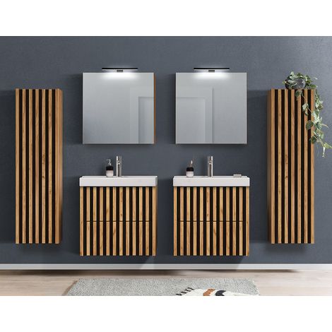 Badezimmermöbel Set mit 2x Spiegelschrank, 2x Hochschrank, 2x Waschtisch, LUCCA-107 in Eiche Nb. mit Lamellenfronten, B/H/T: ca. 250/200/46 cm (1/5)