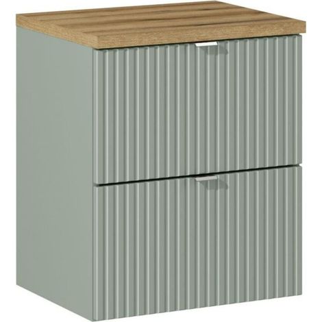 Insieme ELVINA 50cm: mobile sottolavabo con cassetti verde salvia grigio + piano per lavabo effetto legno scuro