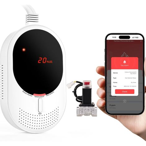 WiFi Détecteur de Gaz et Monoxyde de Carbone avec Vanne Magnétique, Certifié EN50291 et EN50194, Compatible Alexa/Google Home App, Détecteur de Méthane et CO pour Cuisine, Chaufferie, Garage (1/5)