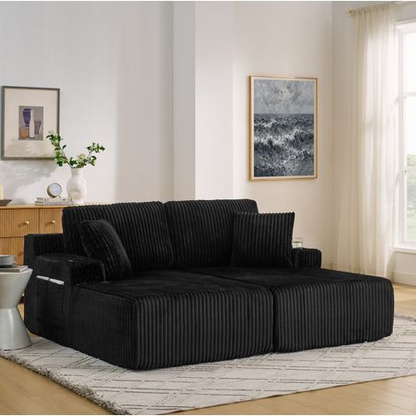CHICFURN Sofá cama 2 plazas 186x154x78 cm de tela acanalada negra con portavasos (1/4)