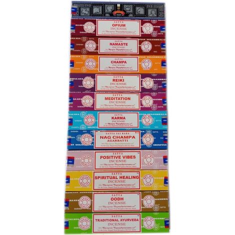 Lot de 12 Paquets d'Encens Satya 15g Nag Champa Super Hit Oodh Positive Vibes Namaste Champa Opium Reiki Spiritual Healing Karma Ayurveda Méditation (1/2)