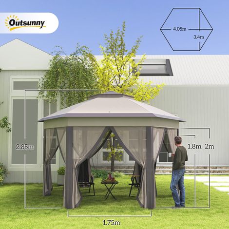 Pavillon de jardin pliable, tente pop-up 4x4m, tente de réception avec sac de transport et 6 panneaux latéraux, double toit hexagonal couleur café et beige (1/5)