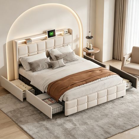 lit 140x200cm avec rangement, avec port USB + LED, Sommier à Lattes, Lit Rembourré avec tiroirs, cadre de lit, lin, Beige (1/5)