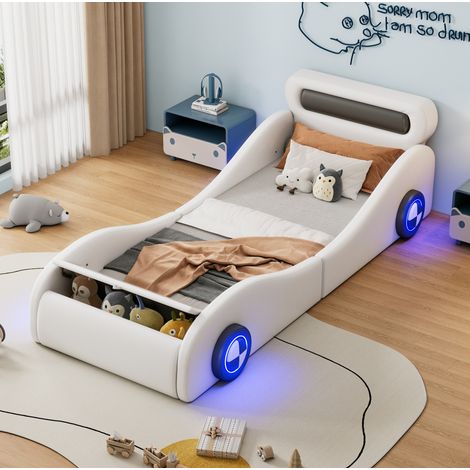 lit enfant simple voiture rangement 90x200 PU blanc OKMYHOME (1/5)