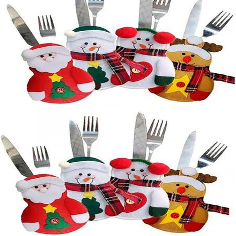 Lot de 8 porte-couverts, Noël bonhomme de neige Père Noël renne, tissu non tissé, décoration table restaurant hôtel (1/5)