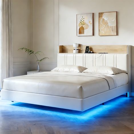 Lit Flottant Adulte 140x200cm Blanc Similicuir Stockage Tête Lit LED USB