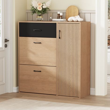 Schuhschrank mit 1 Türöffnung, Schuhkipper Schmal mit 2 Nach unten schwenkbare Tür,mit 1 Schublade,Schuhablage Schrank für Flur Eingang, Wohnzimmer Naturholzfarbe+Schwarz,100×35×106 cm (1/5)