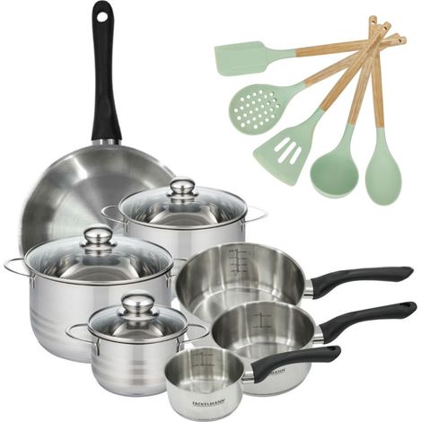 Lot 1 Poêle 28cm, 3 Faitouts 16/20/24cm et 3 Casseroles 12/16/20cm Fackelmann Généva avec 5 ustensiles Océan (1/5)
