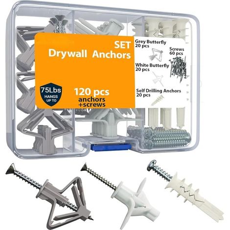 Kit d'ancrage pour mur à sec avec vis - Ensemble de mur creux de 120 pièces (papillon gris, papillon blanc, auto-forage, vis) - Ancrages en plastique pour le forage de murs creux (1/5)