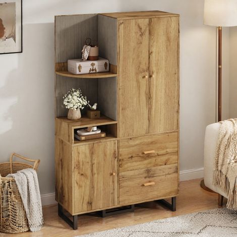 DESMIU Armoire d'entrée avec penderie, étagères ouvertes, 2 tiroirs et porte avec panneaux rembourrés, en MDF noir et naturel (1/5)