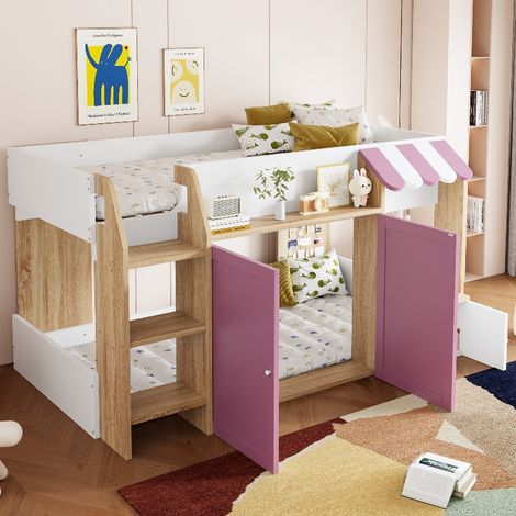 Lit cabane enfant 90x200 cm avec espace de rangement et échelle sécurisée, Lit mezzanine mi-haut en bois massif pour fille, Blanc et Rose (1/5)
