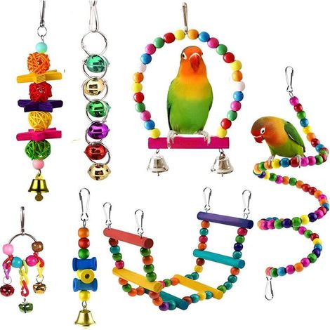 Jouets pour oiseaux, perruches, calopsittes, cloche suspendue, cage à oiseaux, hamac, balançoire, échelles d'escalade, perchoir en bois, jouet à mâcher pour (1/5)