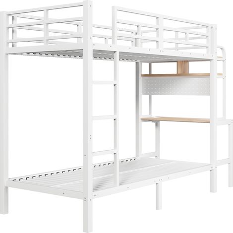 Lit mezzanine avec bureau et étagères, cadre en métal blanc, lit enfant 90x200 cm avec LED et port USB, sécurité optimale. (1/5)