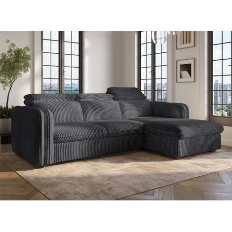 Deco In Paris – Canapé d'angle convertible 3 places en velours côtelé épais gris – Dimensions 238x172 cm – Couchage 123x197 cm – Accoudoirs rembourrés (1/5)