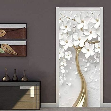 Autocollants de porte 3D, 90 x 200cm papier peint de porte auto-adhésif 3D fleur blanche salon chambre étanche Photo papier peint (1/4)
