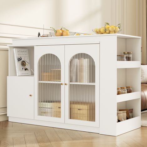 Barra giratoria 120x40x97 cm blanca en MDF con puertas de vidrio y almacenaje multifunción (1/5)