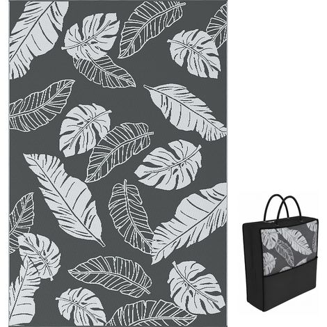 Tapis extérieur réversible imperméable motif feuillage gris blanc 182x274 cm