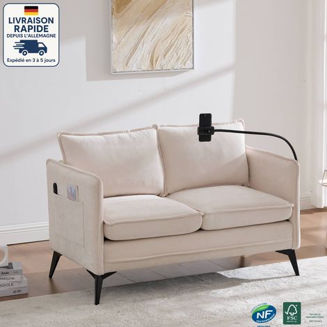 Canapé droit 2 places 127x69x66 cm avec poches latérales et support de téléphone réglable, canapé en tissu, tissu chenille, beige (1/5)
