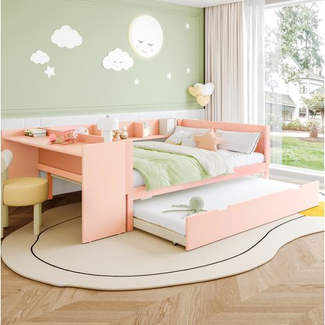 DESVIAE Lit cabane double 140 x 200 cm avec bureau lit gigogne étagères intégrées pin et panneau de fibres rose (1/5)