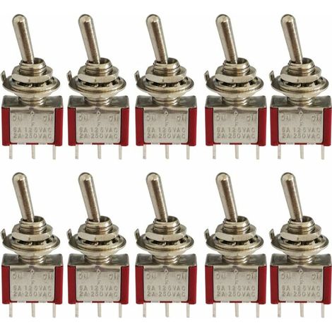 10 Pièce Mini Interrupteur à Bascule, AC 125V 6A / 250V 2A 3 Pin SPDT ON-Off-ON 3 Broches 3 Position SPDT Interrupteur a Bascule Autobloquant pour Pièces D'auto Rouge (1/5)