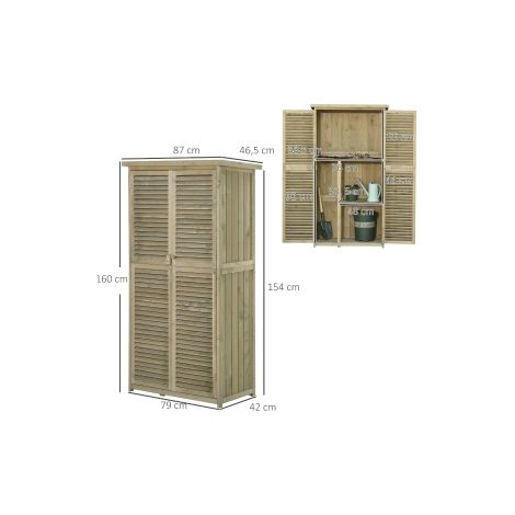 Armoire de jardin grise en bois avec toit bitumé, porte à lames et 4 étagères pour terrasse, jardin et extérieur (1/5)