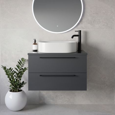 Napoli 390 Gloss Grey 800mm Wall Mounted 2 Drawer Vanity Unit for Countertop Basins - 800mm - Matt Black 480mm Handle