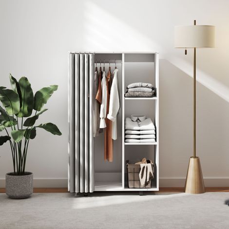 Armoire dressing roulante blanche 4 roues, penderie métal avec barre et étagères ouvertes, rangement vêtements mobile (1/5)