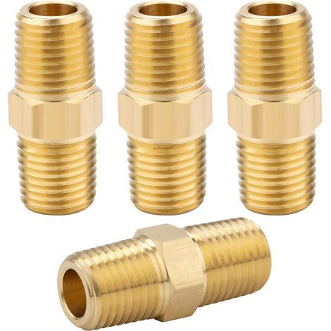 1/4 NPT x 1/4 NPT solid brass male hex fittings, solid brass pipe adapter fittings, equal end connectors, 4 pieces (1/5)