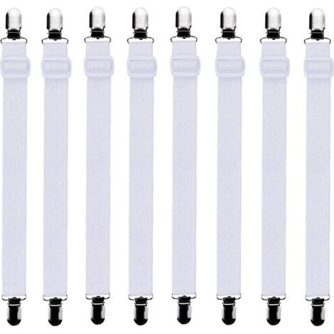 8-teiliges Set verstellbarer Spannbettlaken-Befestigungsbänder (60–200 cm) für Bett und Matratze – Sicherer Halt, Weiß (1/4)