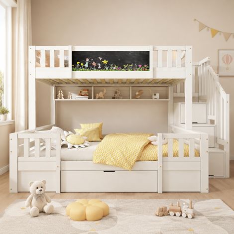 CHICFURN Letto a castello per bambini 90x200 e 140x200 cm bianco con contenitore e lavagna (1/5)