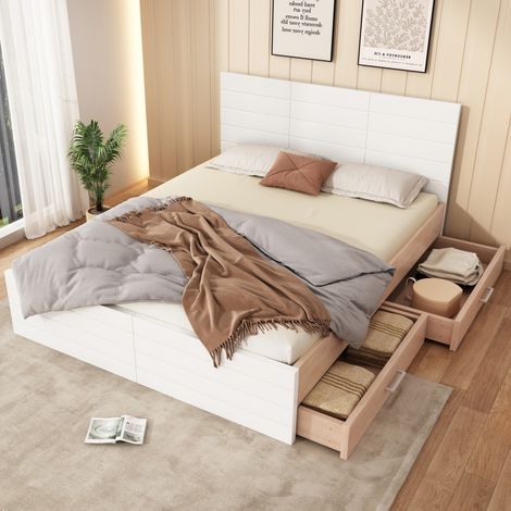 Lit double en bois massif et MDF blanc et chêne clair 140x200 cm avec 2 tiroirs et sommier à lattes (1/5)