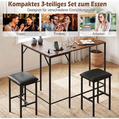 Ensemble table haute marron avec 2 tabourets, prises intégrées et structure métal, modulable en L, pour cuisine et petit espace (1/5)