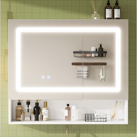 Mobile da bagno specchio 80 x 17 x 70 cm con LED, antiappannamento, doppia anta, bianco HAVRYA (1/5)