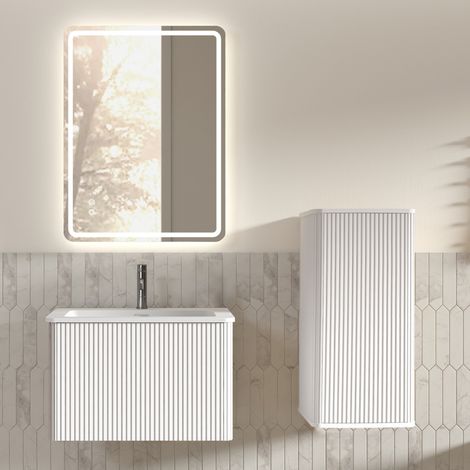 Set bagno sospeso 61x46,5x37 cm bianco con LED, mobile salvaspazio – MEUBLIV (1/5)