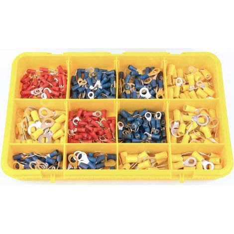Surtido de 390 terminales de anillo – Terminales rojos, azules y amarillos – Secciones transversales de 4/5/6/8/10 mm² – Para trabajos eléctricos (1/2)