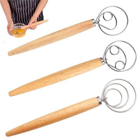 Batteur à œufs,Fouet à Pâte,3 PCS Fouets Cuisine Professionnel,Mélangeur à Manche en Bois, Batteur à Oeufs Danois,33.3x8.2cm (1/4)
