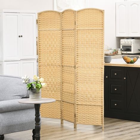 Paravent décoratif 3 volets autoportant en osier, bois naturel, 135x180 cm, séparateur d’intérieur pliable (1/5)