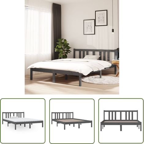 Lit double pour adulte Cadre de lit - Gris Bois massif 135x190 cm Double BV879402 - BonneVie (1/5)