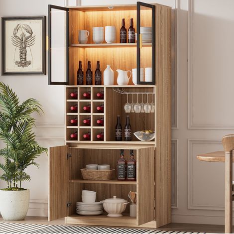 Mueble de almacenaje alto con puertas de cristal e iluminación LED, 180 cm, MDF, natural OKMYHOME (1/5)