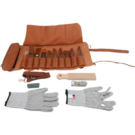 Kit sculpture bois multifonction – Outils whittling avec bloc polissage gants sac cuir, menuiserie (1/4)