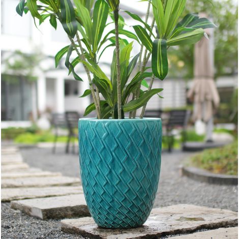 Grand pot de fleurs en céramique fait main, Ø 42 x H 54 cm, bleu cyan brillant, REDOM (1/5)