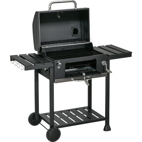 Barbecue fumoir à charbon de bois, avec thermomètre et ouvre-bouteille, 120 x 64 x 114 cm, noir